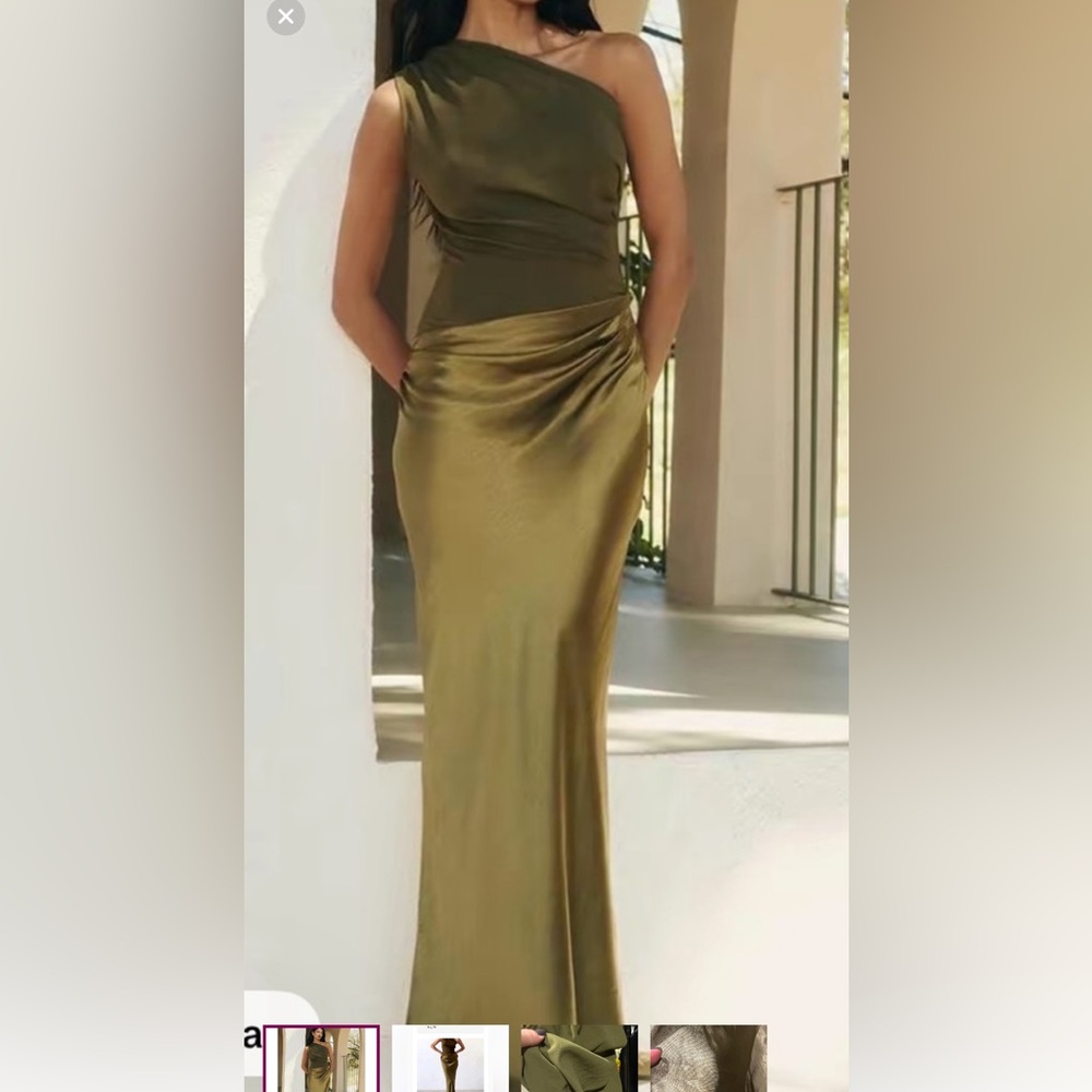 Luxurious Metallic Maxi one shoulder dress in olive green